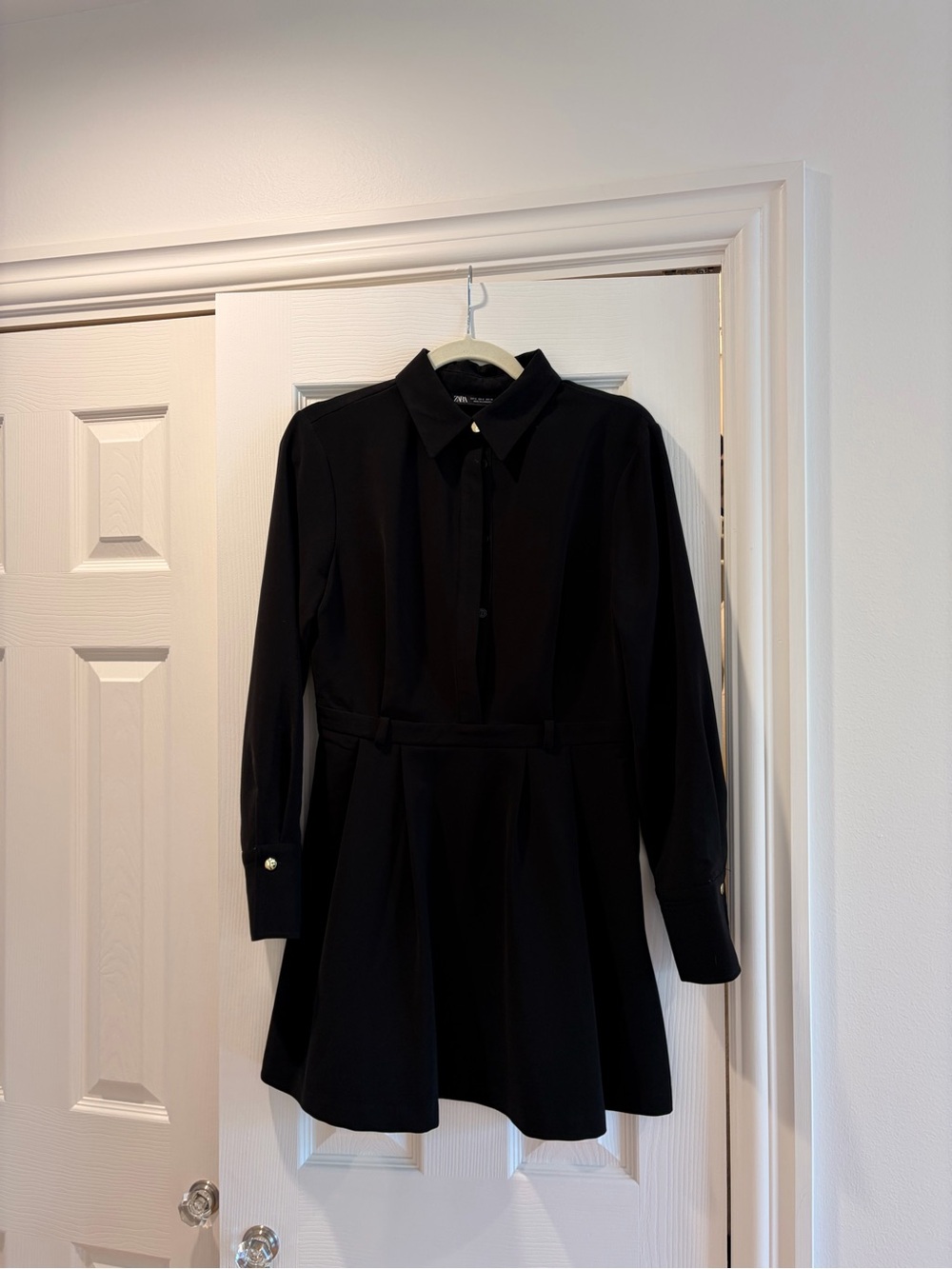 Zara Black Long-Sleeve Shirt Dress with Pearl Cuff Detail